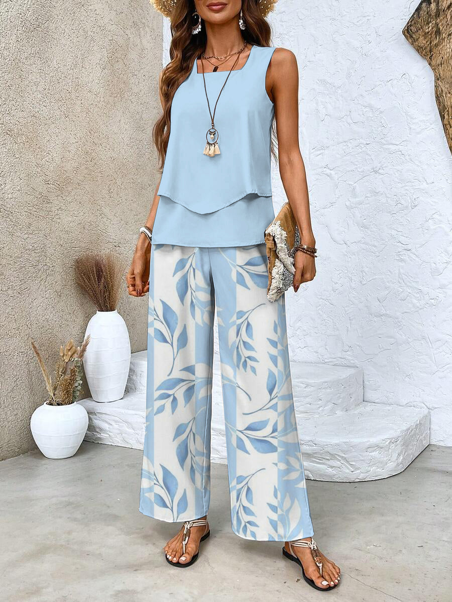 Chic Women's Set - Sleeveless Top and Wide-Leg Pants for Summer Outings 0