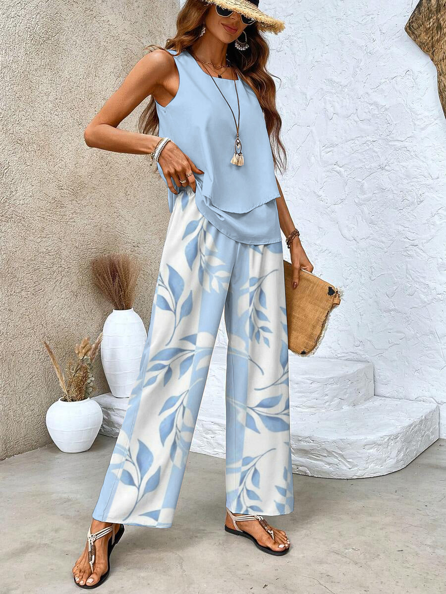 Chic Women's Set - Sleeveless Top and Wide-Leg Pants for Summer Outings 1