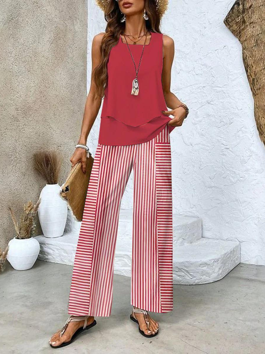 Chic Women's Set - Sleeveless Top and Wide-Leg Pants for Summer Outings 3
