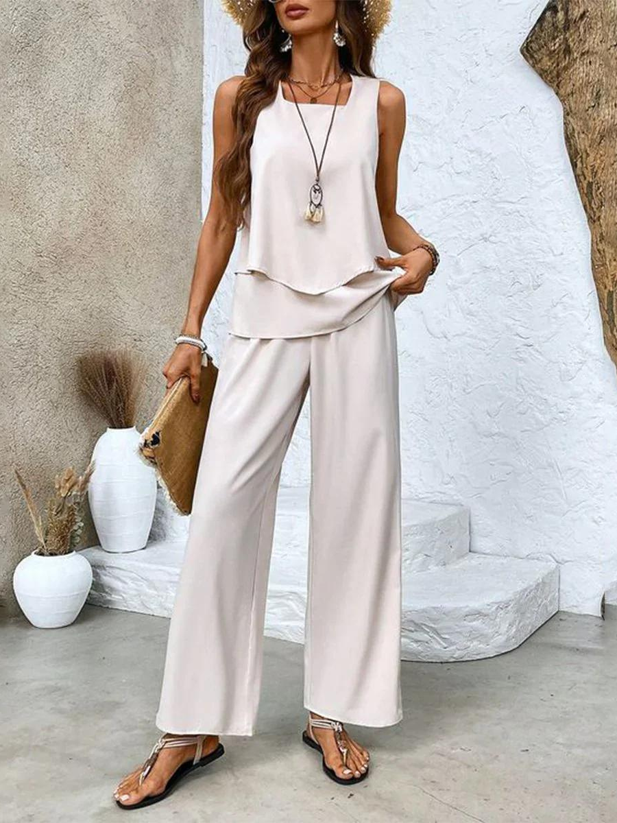 Chic Women's Set - Sleeveless Top and Wide-Leg Pants for Summer Outings 4