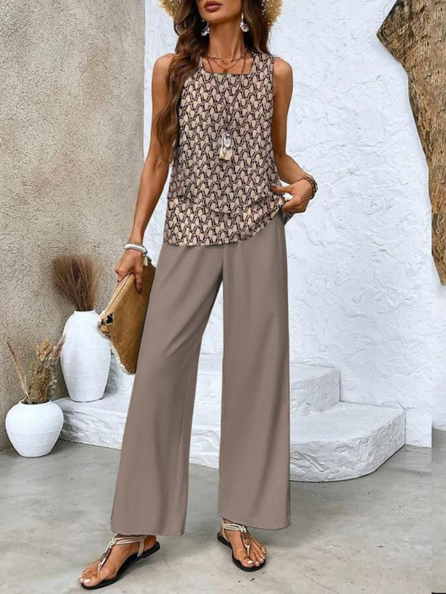 Chic Women's Set - Sleeveless Top and Wide-Leg Pants for Summer Outings 5
