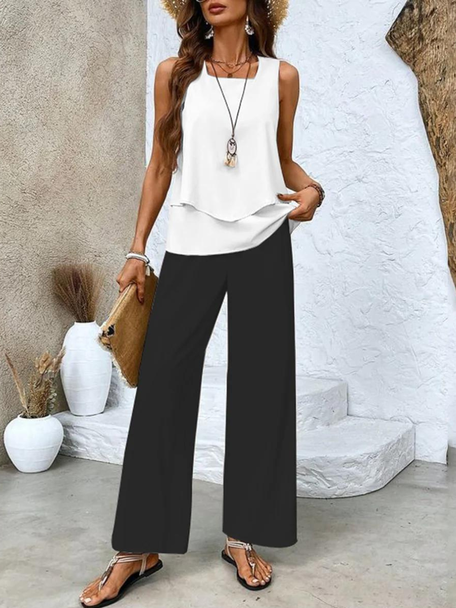 Chic Women's Set - Sleeveless Top and Wide-Leg Pants for Summer Outings 7