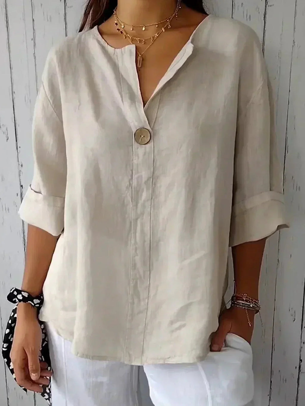 Women's Casual Blouse White Size M Cotton Linen 0