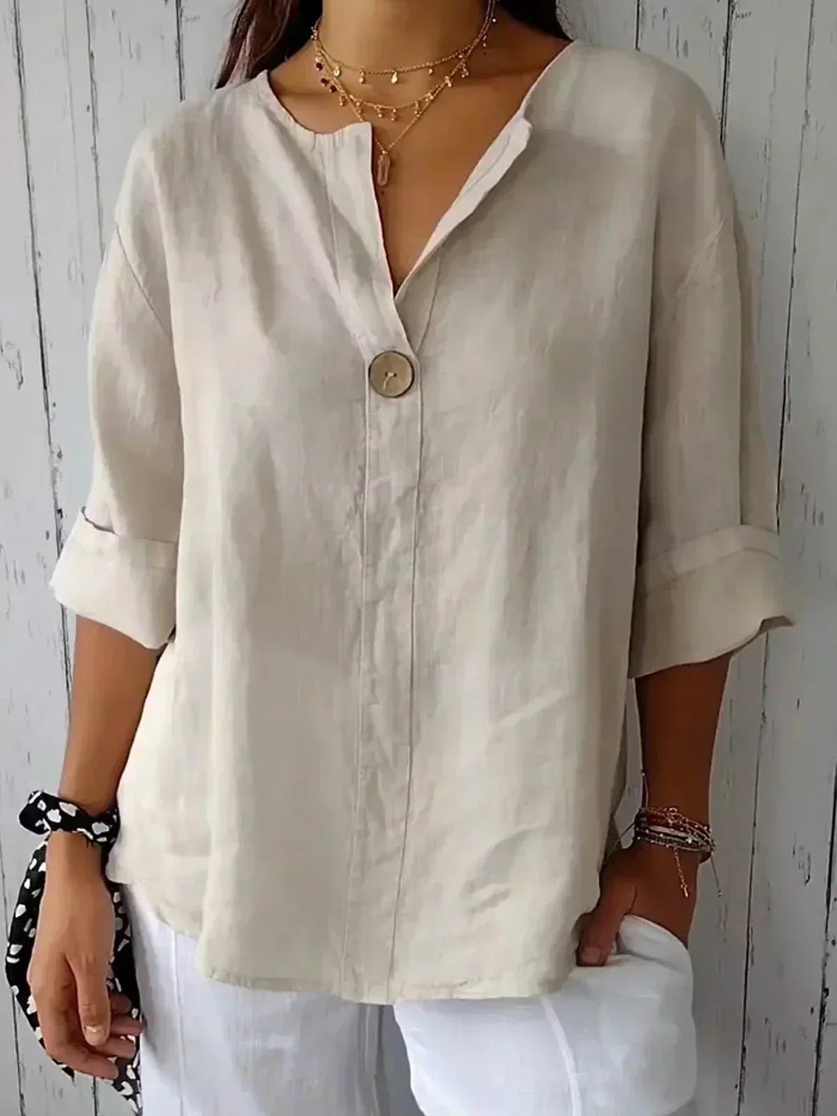 Women's Casual Blouse White Size M Cotton Linen 0