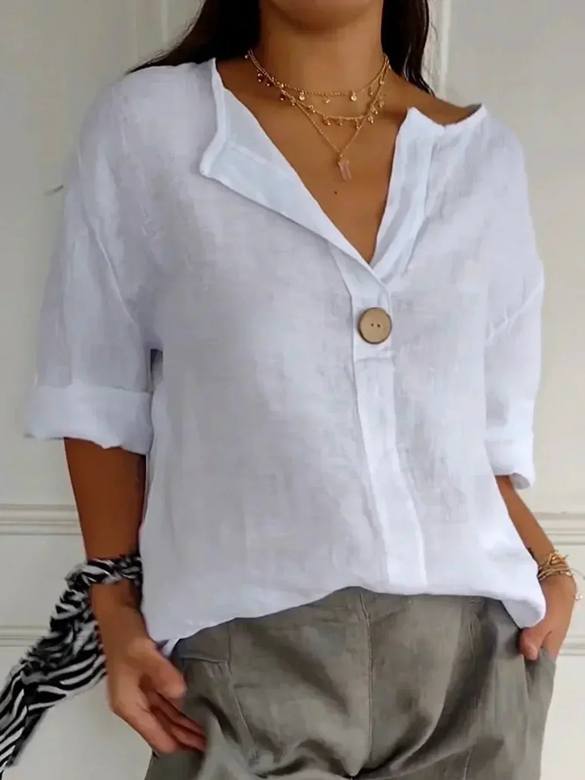 Women's Casual Blouse White Size M Cotton Linen 3