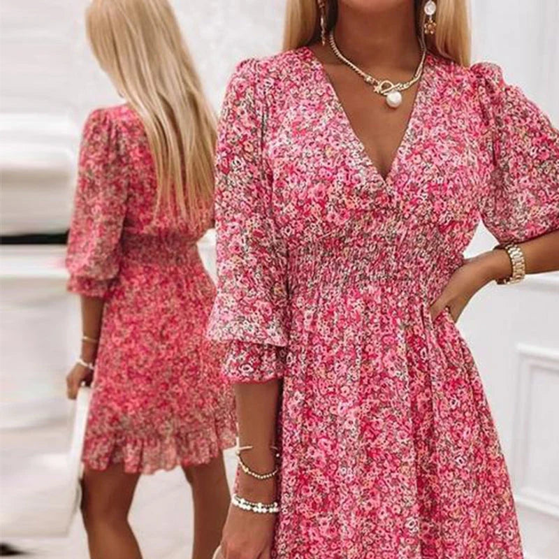 Women's Floral Midi Dress Size M Polyester Summer Dress 0