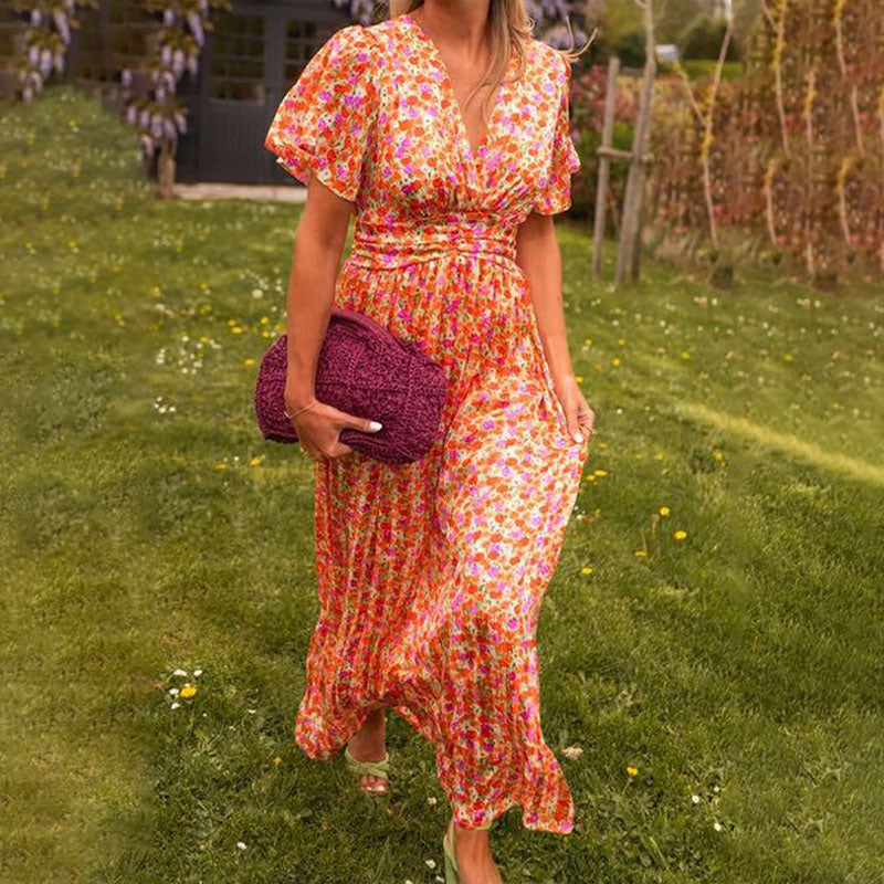 Women's Floral Print Dress Orange Plus Size S-3XL Polyester 4