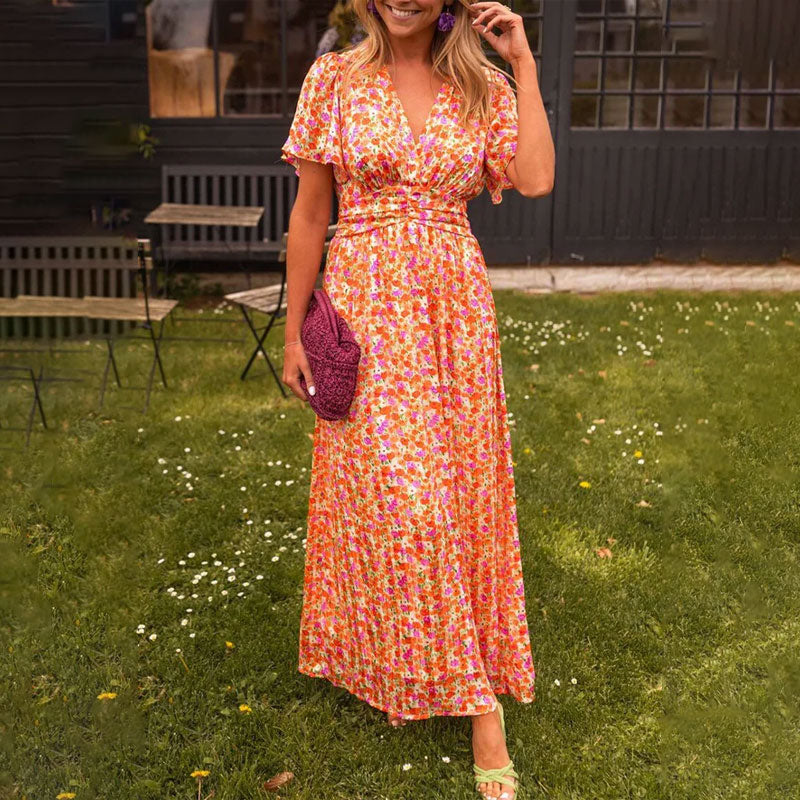 Women's Floral Print Dress Orange Plus Size S-3XL Polyester 9
