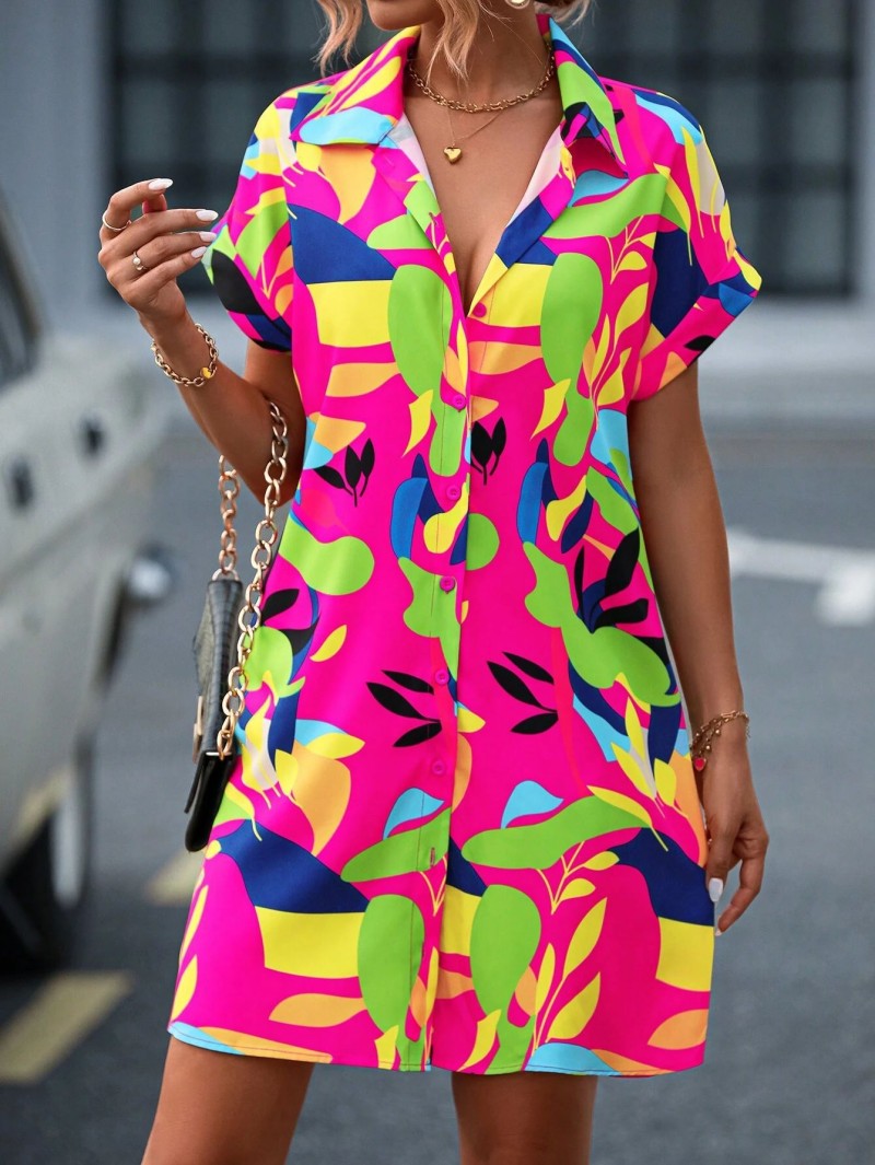 Women's Shirt Dress Multicolor Size M Polyester Summer Floral Print 0