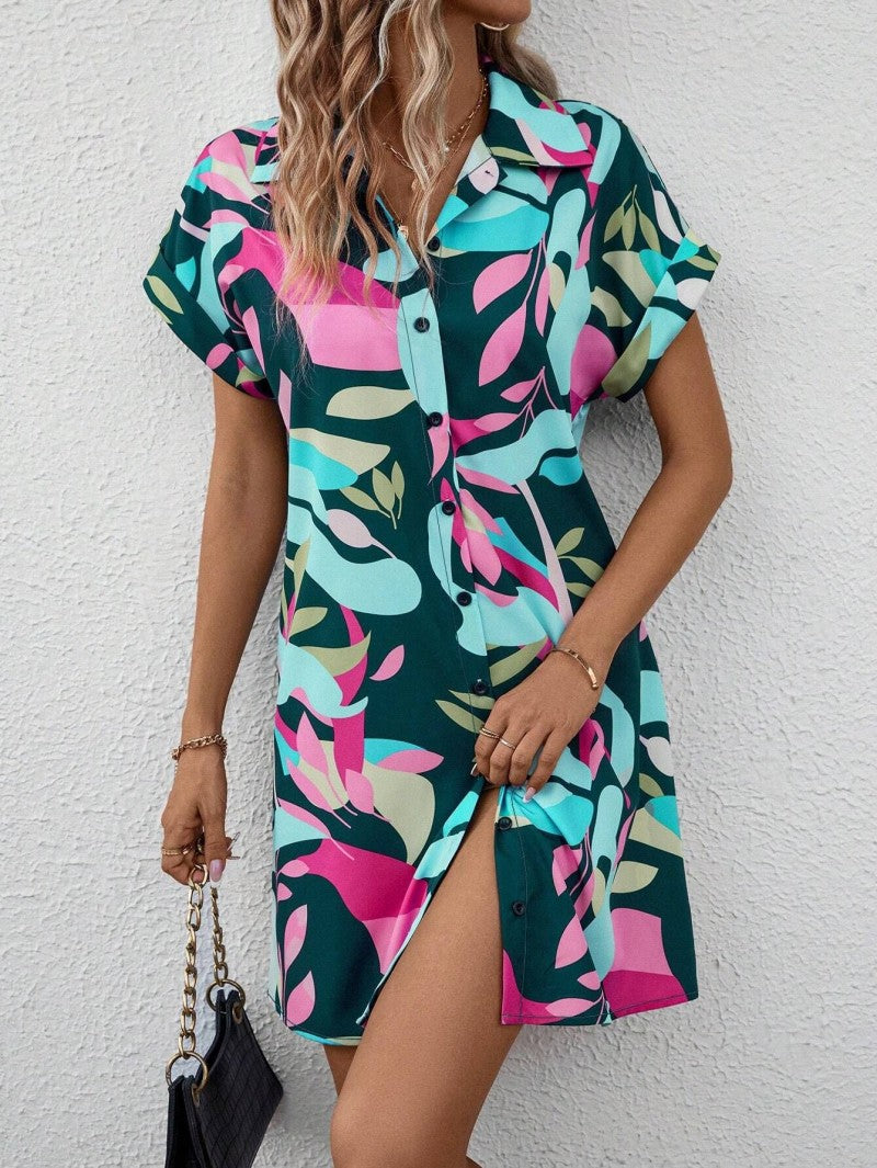 Women's Shirt Dress Multicolor Size M Polyester Summer Floral Print 2