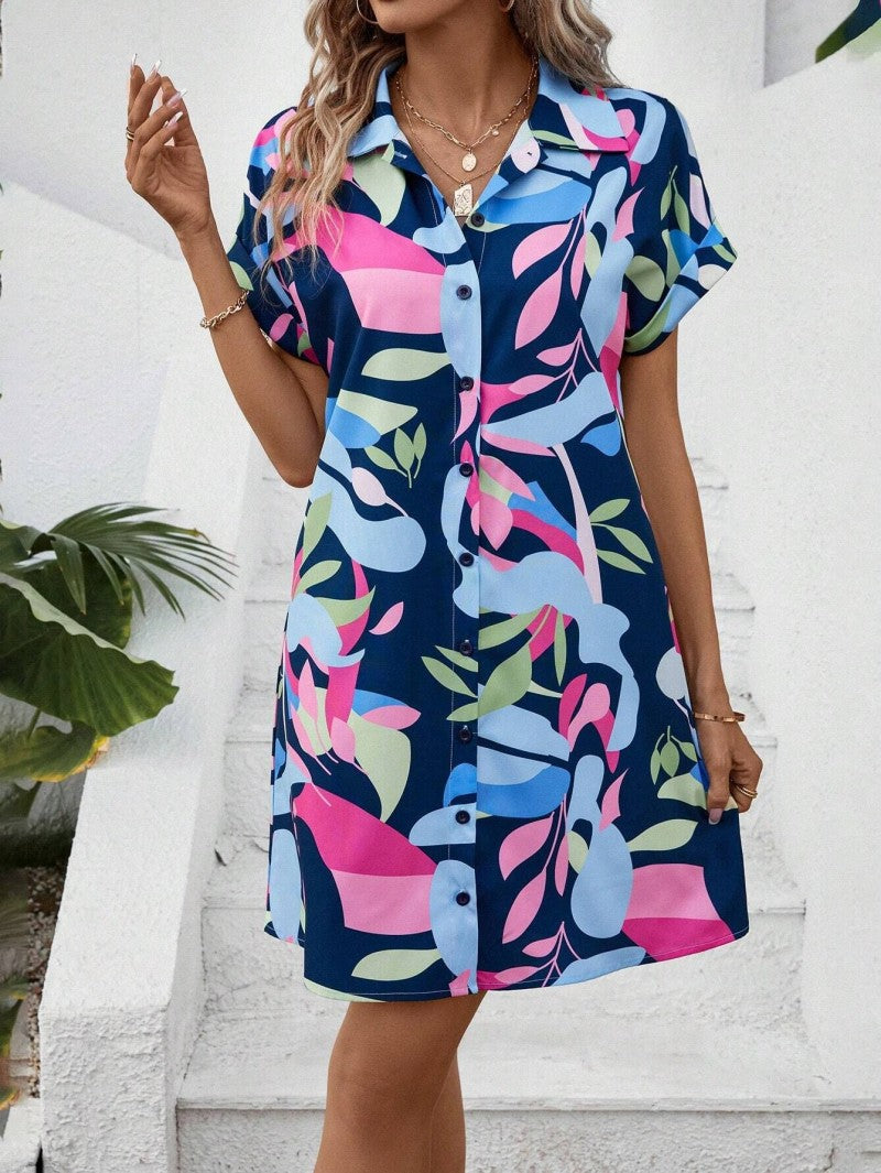 Women's Shirt Dress Multicolor Size M Polyester Summer Floral Print 4