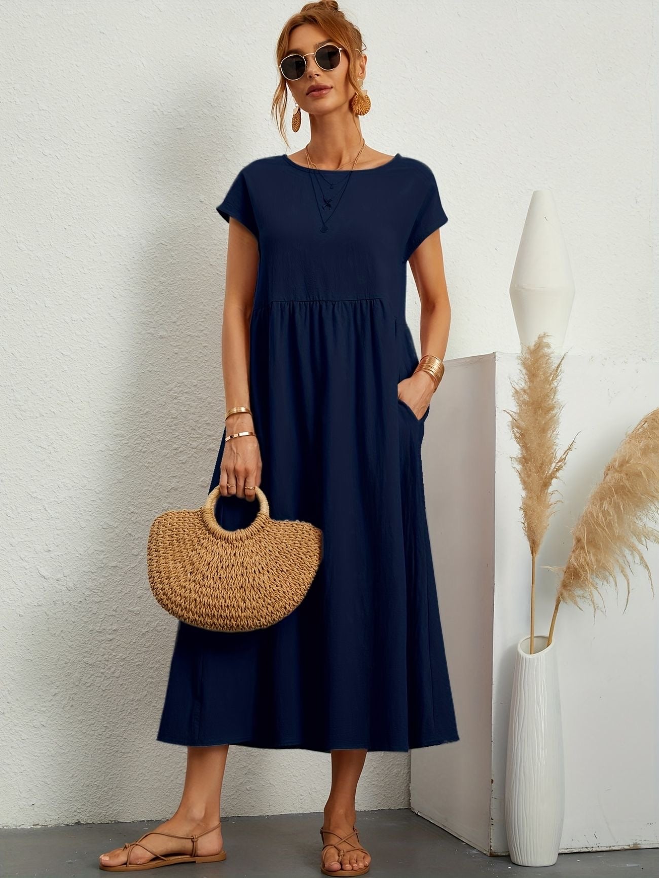 Women's Summer Dress Blue Size M Linen 3