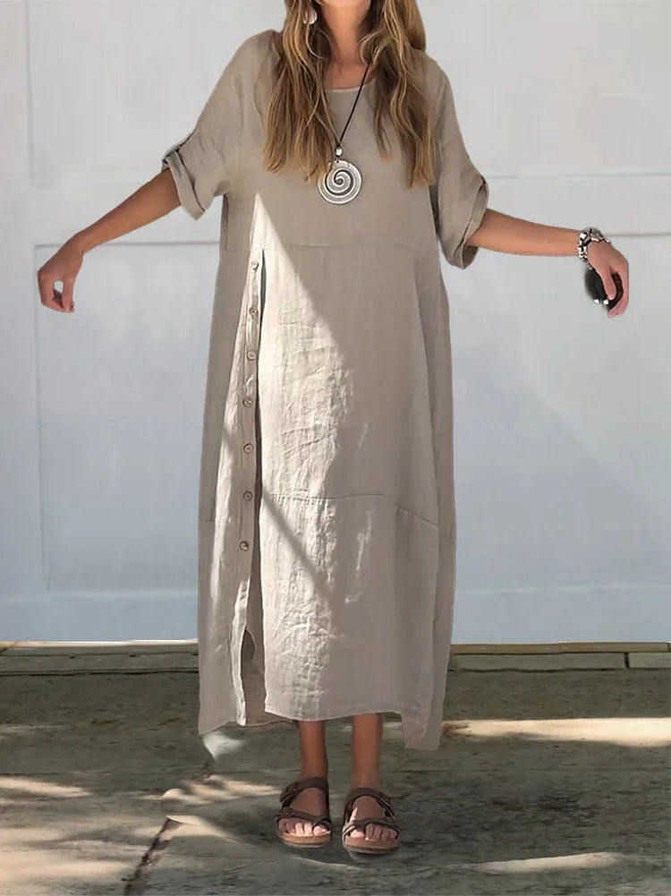 Women's Summer Dress White Size M Linen-Cotton Blend 0
