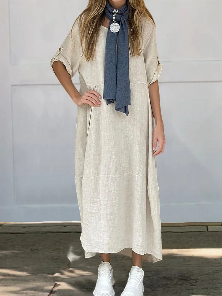 Women's Summer Dress White Size M Linen-Cotton Blend 4