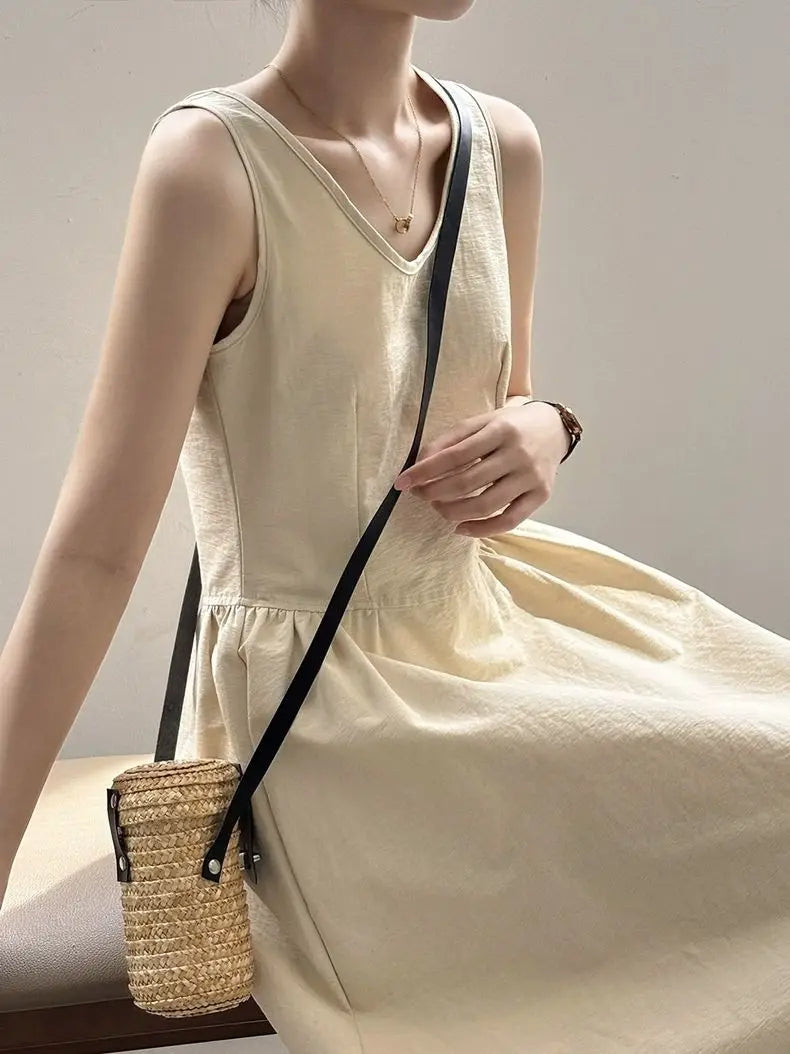 Elegant Backless A-Line Midi Dress – Summer Office Chic in Pumpkin Orange or Apricot
