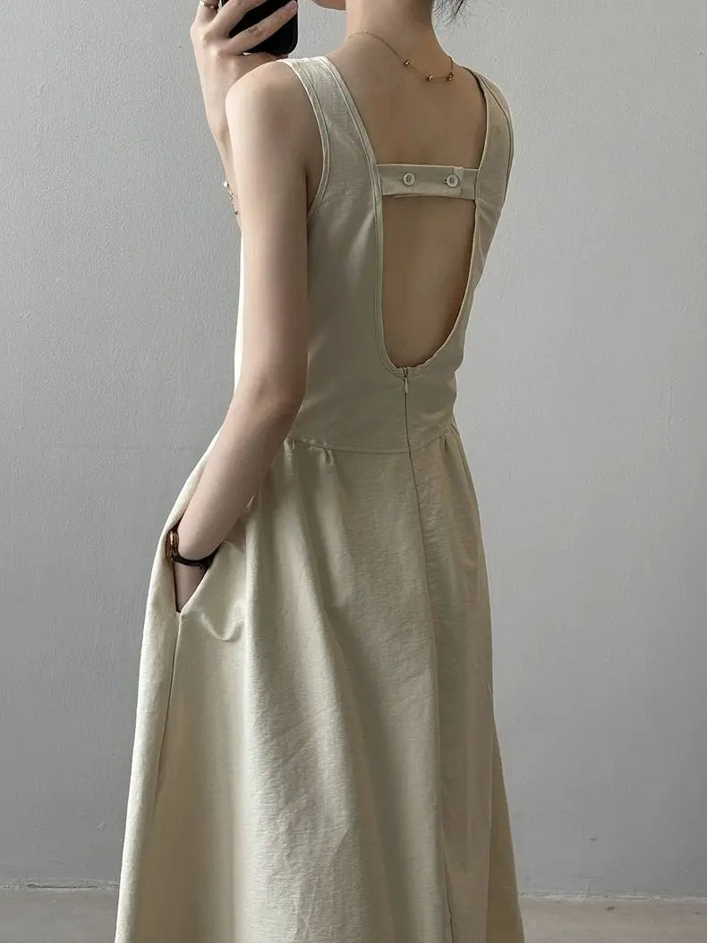 Elegant Backless A-Line Midi Dress – Summer Office Chic in Pumpkin Orange or Apricot
