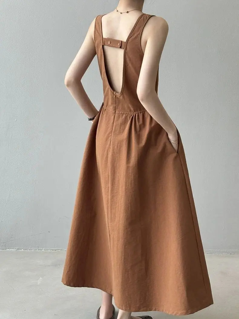 Elegant Backless A-Line Midi Dress – Summer Office Chic in Pumpkin Orange or Apricot