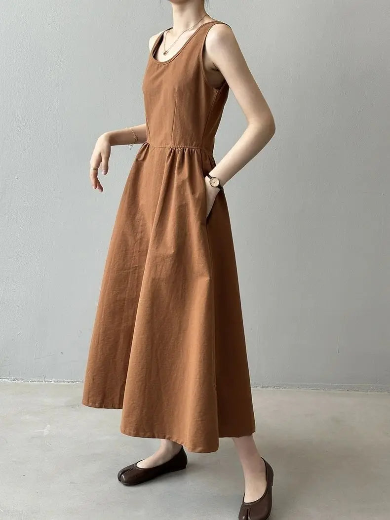 Elegant Backless A-Line Midi Dress – Summer Office Chic in Pumpkin Orange or Apricot