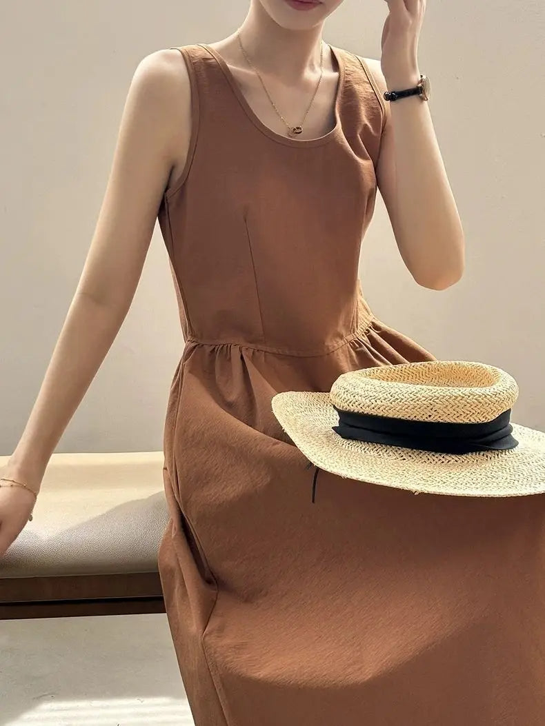 Elegant Backless A-Line Midi Dress – Summer Office Chic in Pumpkin Orange or Apricot