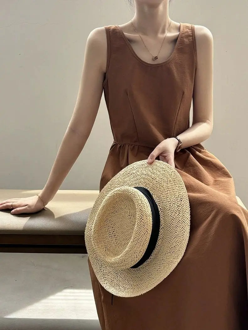 Elegant Backless A-Line Midi Dress – Summer Office Chic in Pumpkin Orange or Apricot