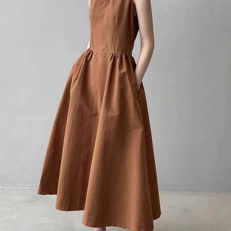 Elegant Backless A-Line Midi Dress – Summer Office Chic in Pumpkin Orange or Apricot