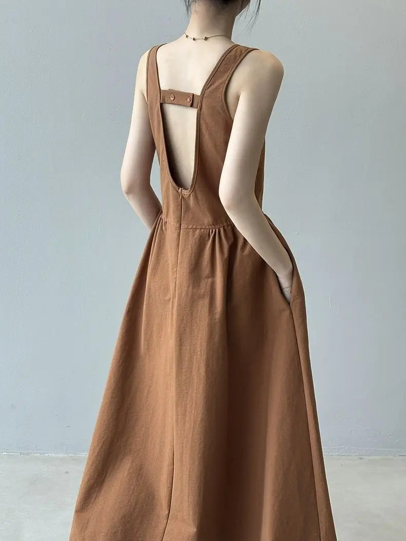 Elegant Backless A-Line Midi Dress – Summer Office Chic in Pumpkin Orange or Apricot