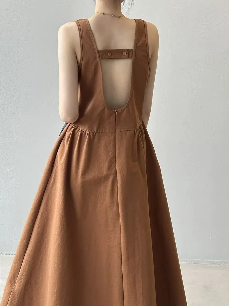 Elegant Backless A-Line Midi Dress – Summer Office Chic in Pumpkin Orange or Apricot