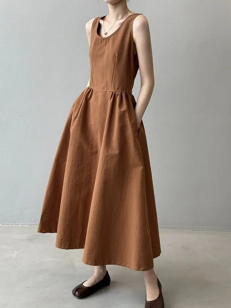 Elegant Backless A-Line Midi Dress – Summer Office Chic in Pumpkin Orange or Apricot