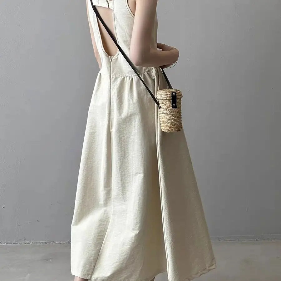Elegant Backless A-Line Midi Dress – Summer Office Chic in Pumpkin Orange or Apricot