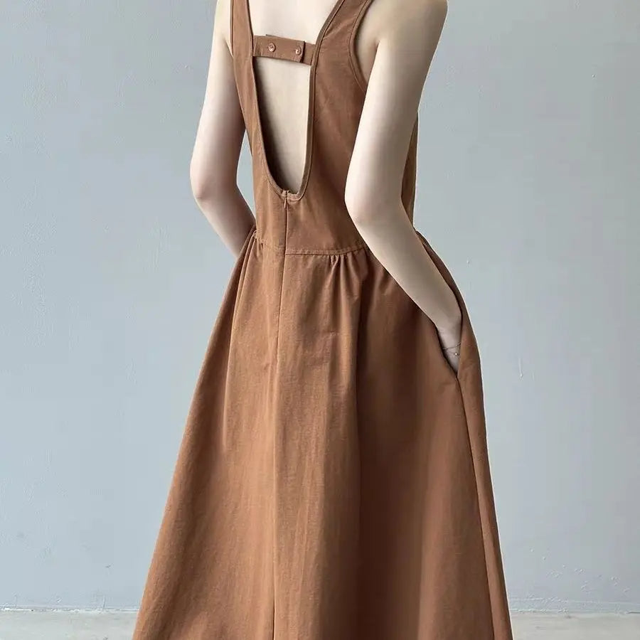Elegant Backless A-Line Midi Dress – Summer Office Chic in Pumpkin Orange or Apricot