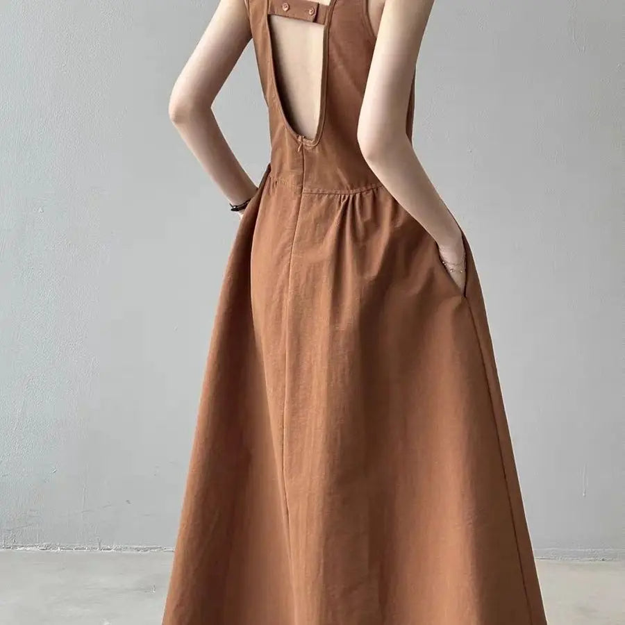 Elegant Backless A-Line Midi Dress – Summer Office Chic in Pumpkin Orange or Apricot